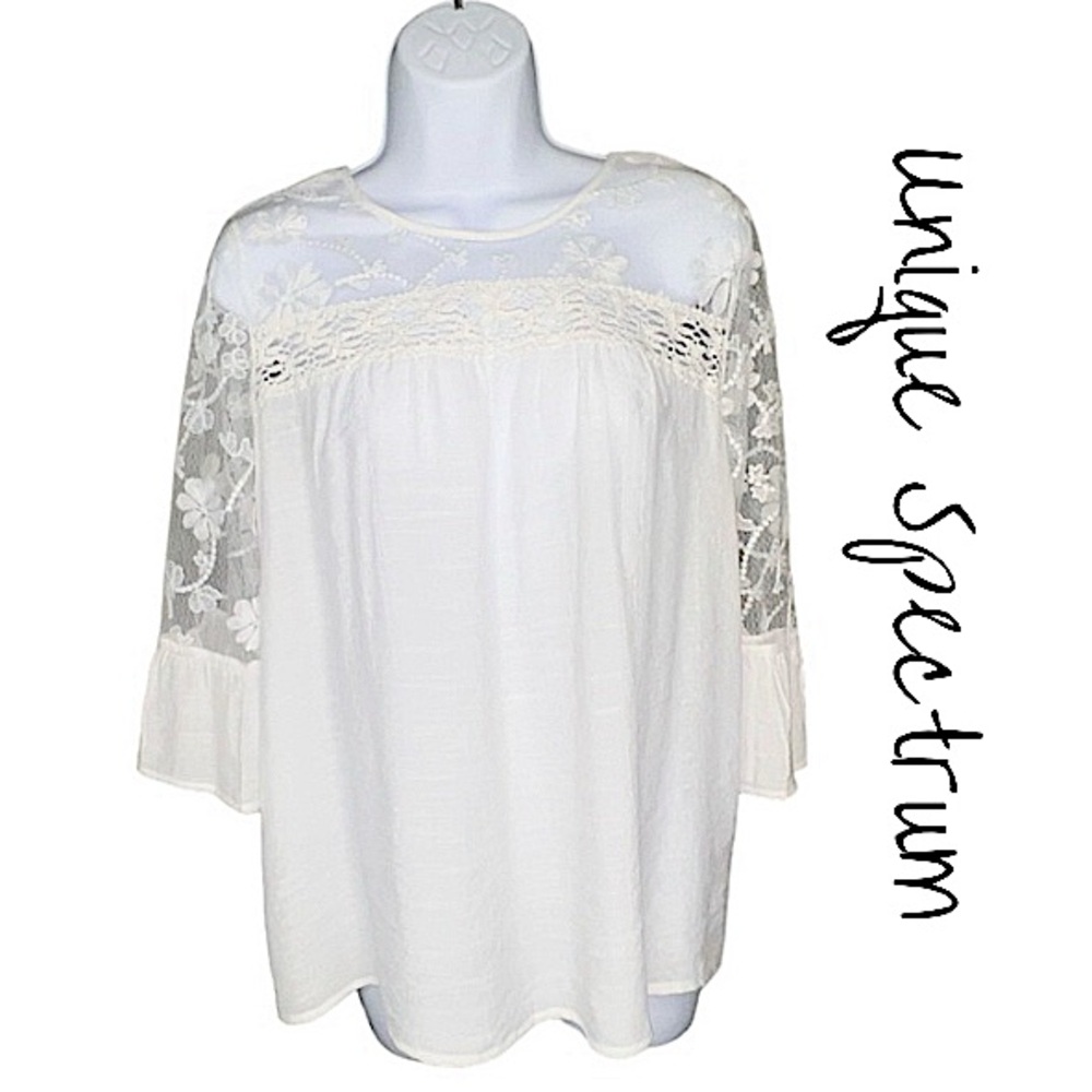 Unique Spectrum Embroidered Lace Poet Sleeve Off White Sheer Blouse Size LG EUC!